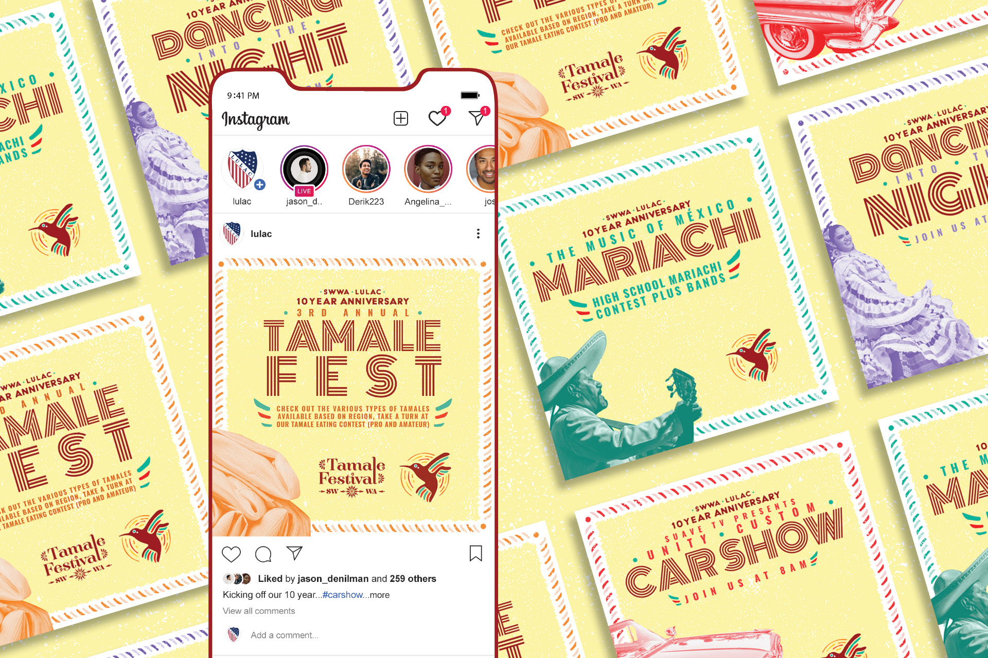 Social media posts: Tamale Fest, Mariachi, Dancing, Car Show.